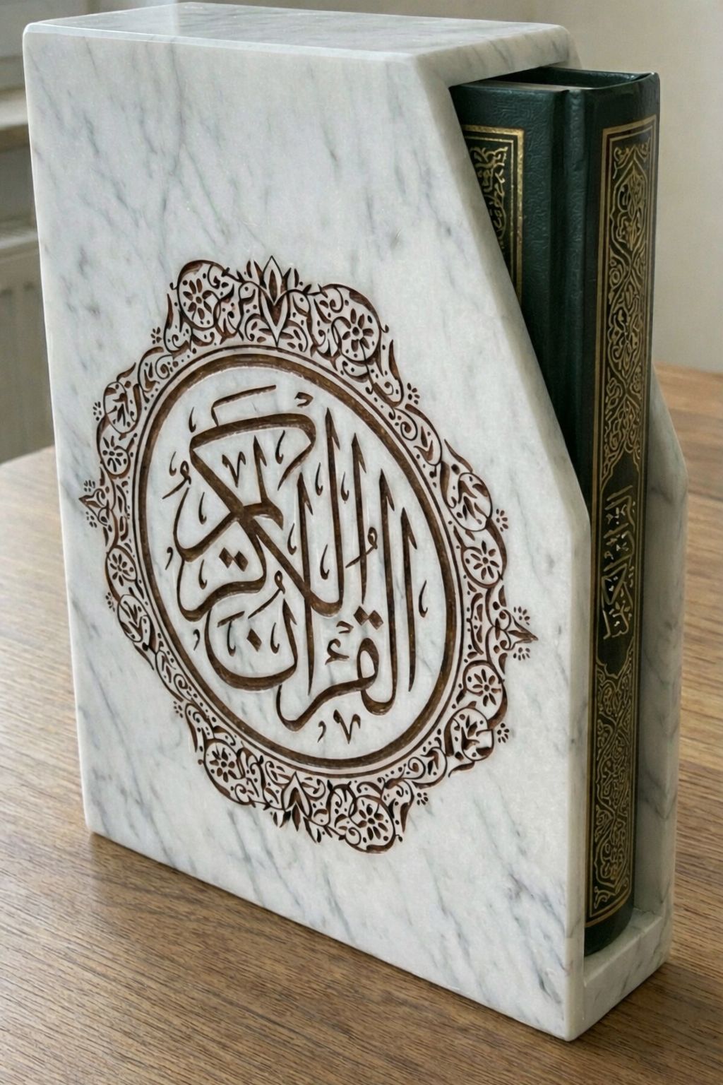 A luxurious solid marble slipcase designed specifically for the Holy Quran